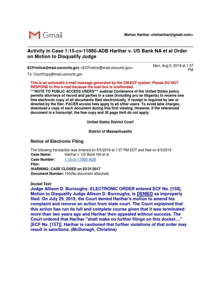 RECUSED US District Court Judge Allison Dale Burroughs (MA) Threatens Plaintiff w/ Sanctions