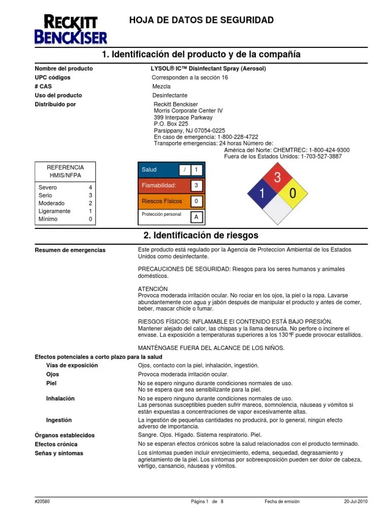 Hoja Seguridad Lysol Administración de Seguridad y Salud Ocupacional