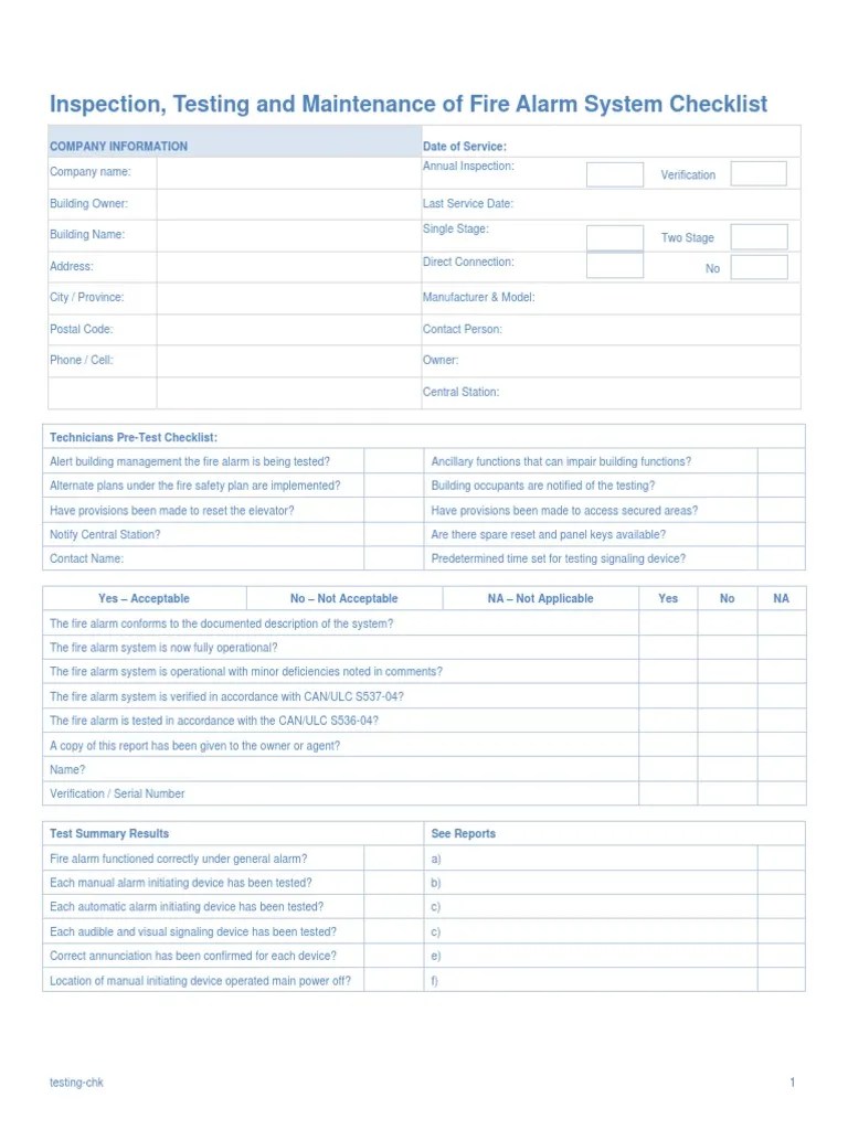 Inspection, Testing and Maintenance of Fire Alarm System Checklist