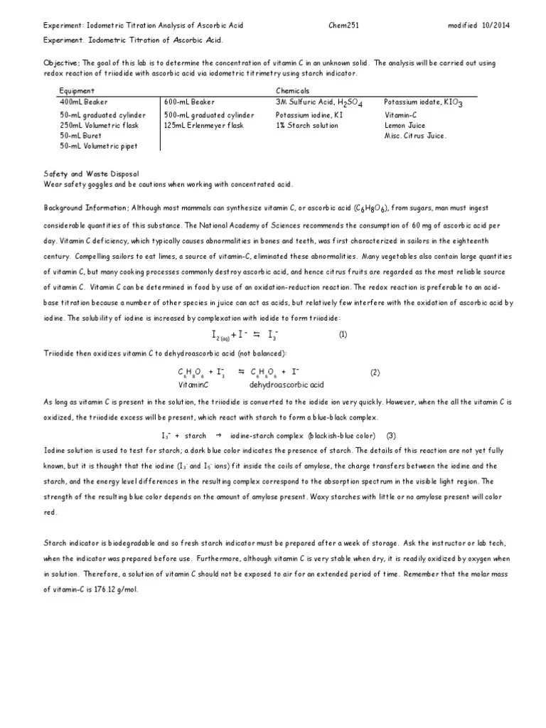 Iodometric Titration of Vitamin C PDF PDF Titration Chemistry