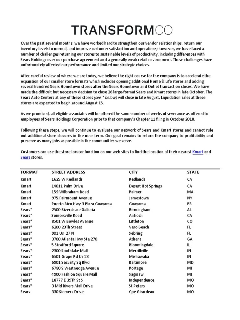 Sears Holdings Store Closing List Kmart Department Stores Of The