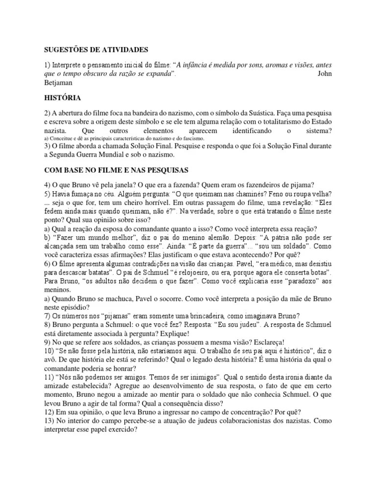 Atividade Filme o Menino Do Pijama Listrado Nazismo judeus