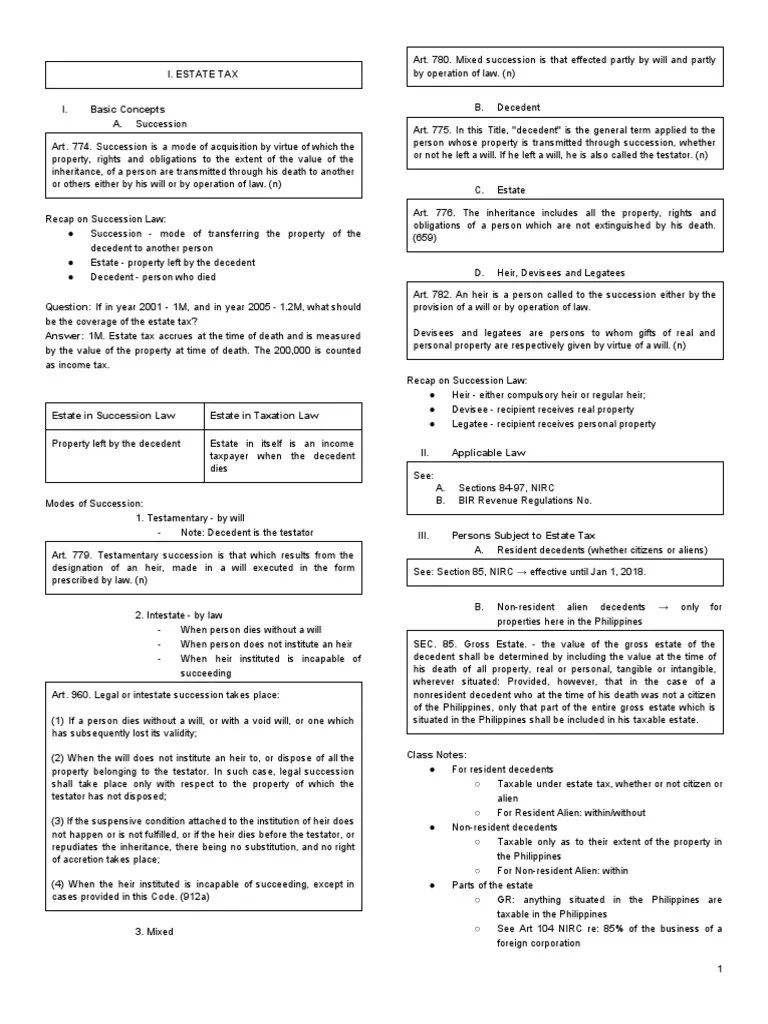 Tax 2 Reviewer Part 1 PDF Estate Tax In The United States Will