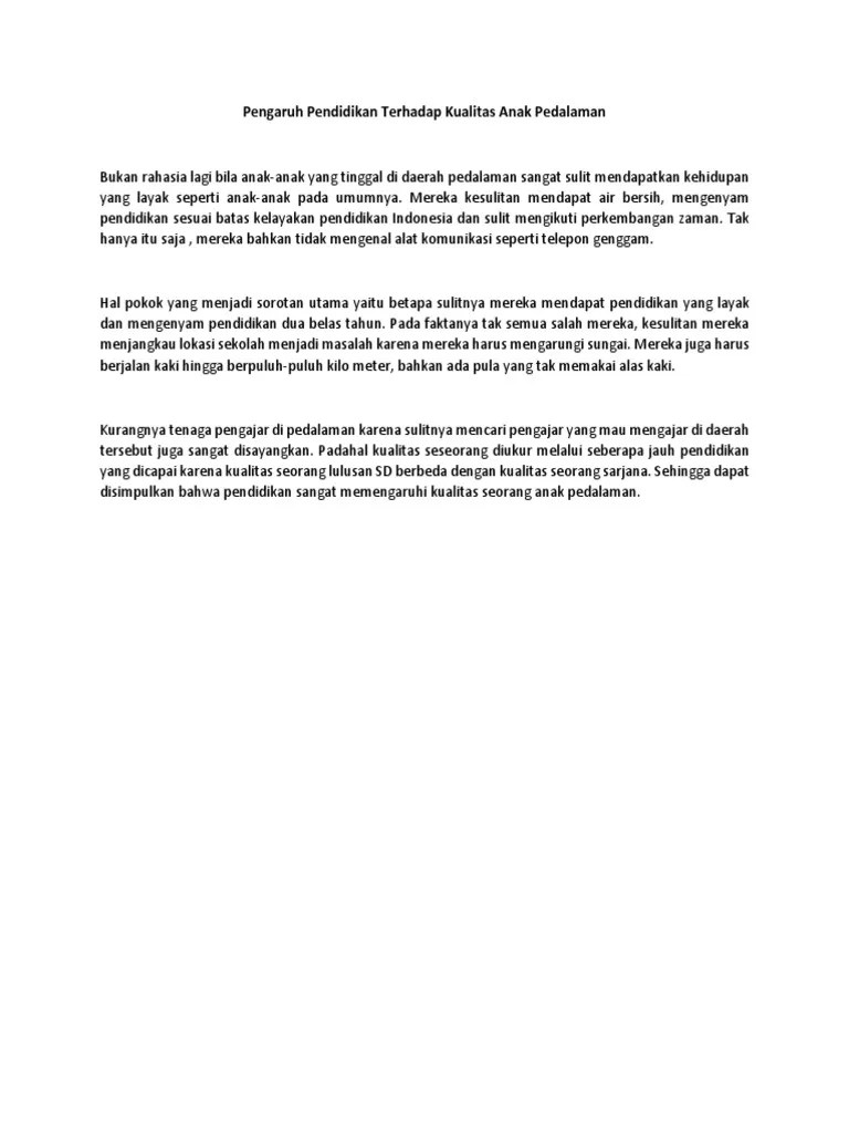 Pengaruh Pendidikan Terhadap Kualitas Anak Pedalaman Terkait Pendidikan
