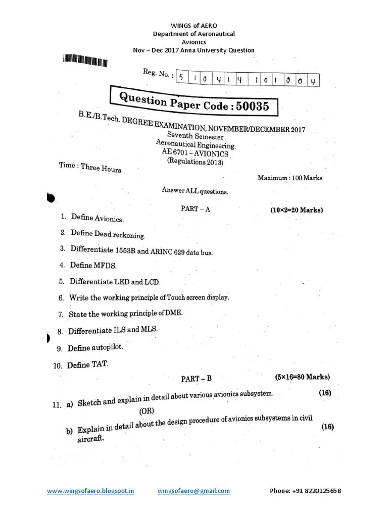 Past Exam Questions from the Department of Aeronautical Avionics at Anna University November