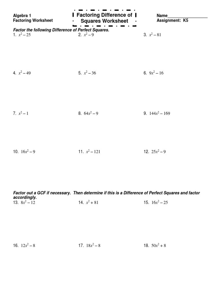 Factoring Difference of Squares Worksheet | PDF
