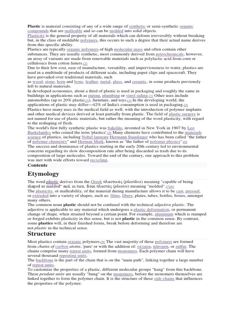 Etymology Plastic Is Material Consisting of Any of A Wide Range of