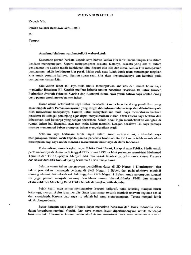 Motivation Letter Untuk Beasiswa Bi