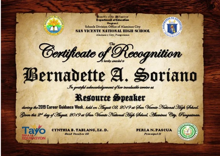 Certificate For Resource Speaker Career Guidance Week PDF