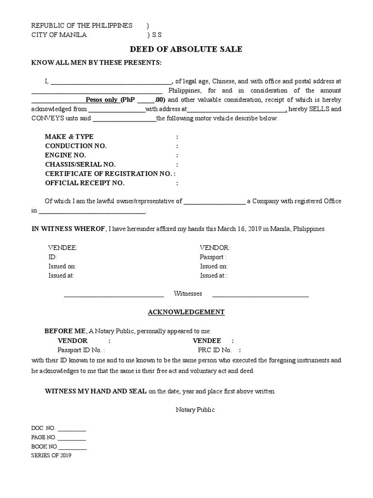 Transfer of Vehicle Ownership Deed of Absolute Sale Document Conveying