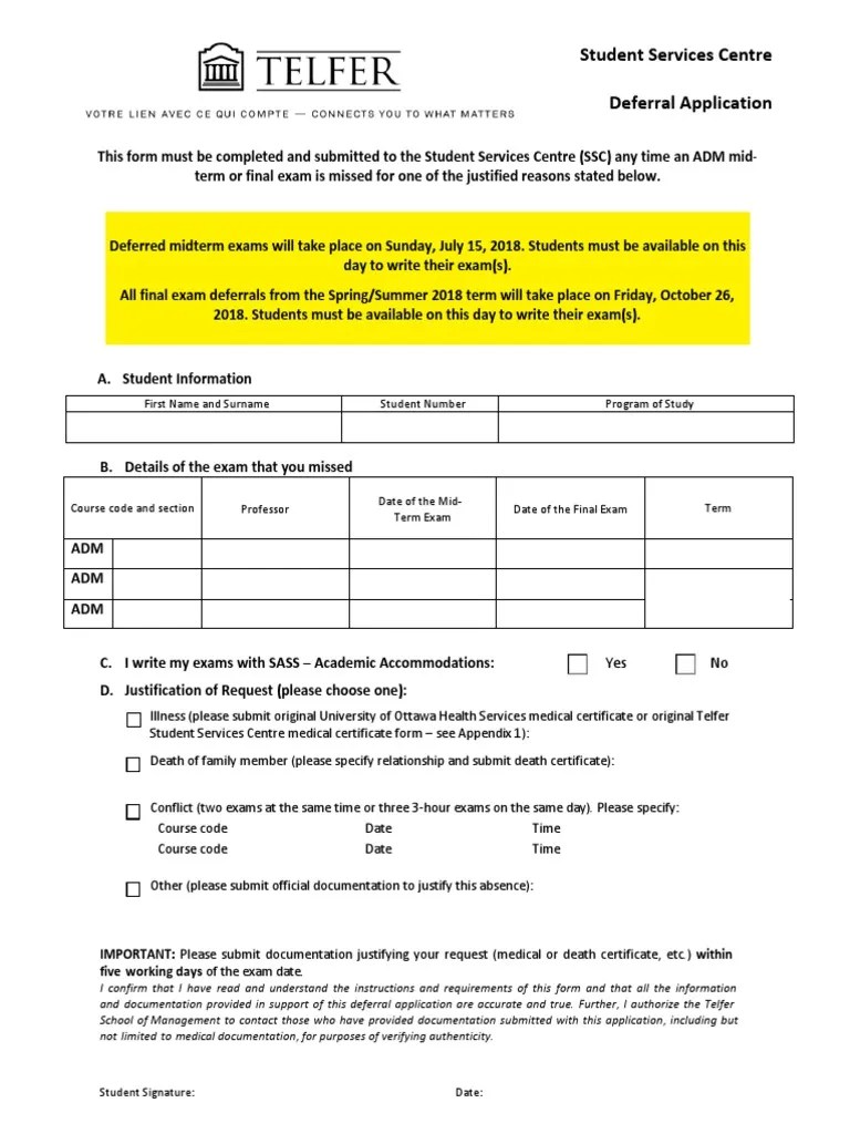 Student Services Centre Deferral Application First Name and Surname