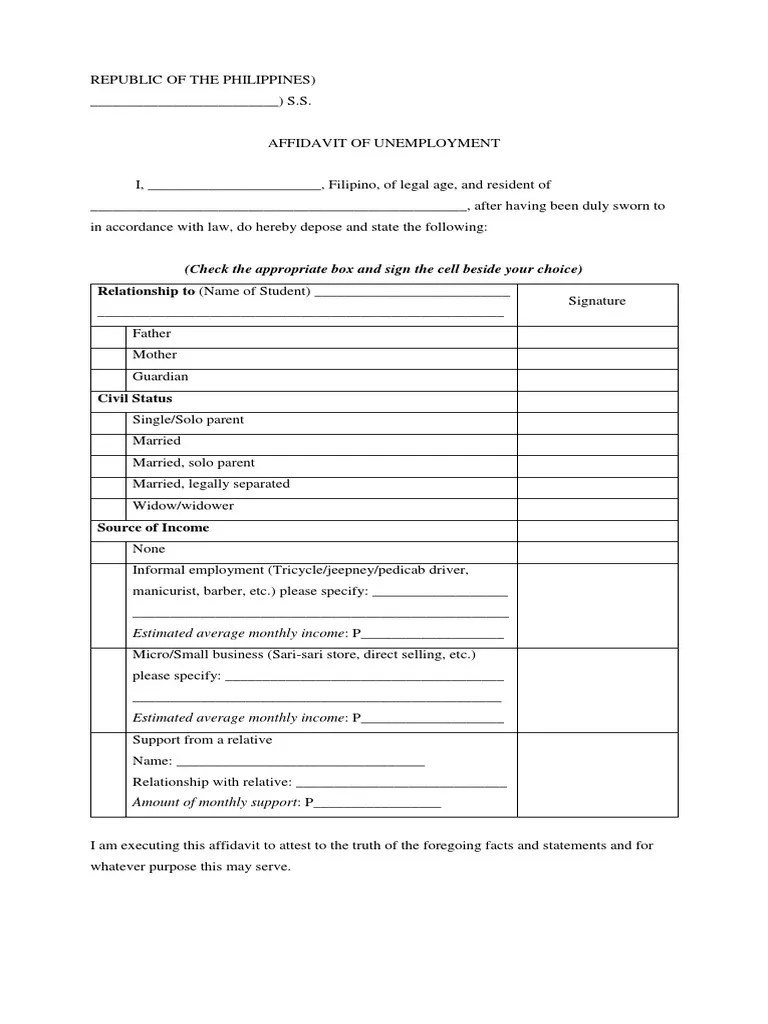 Template Affidavit of Unemployment by DepED Voucher Program PDF
