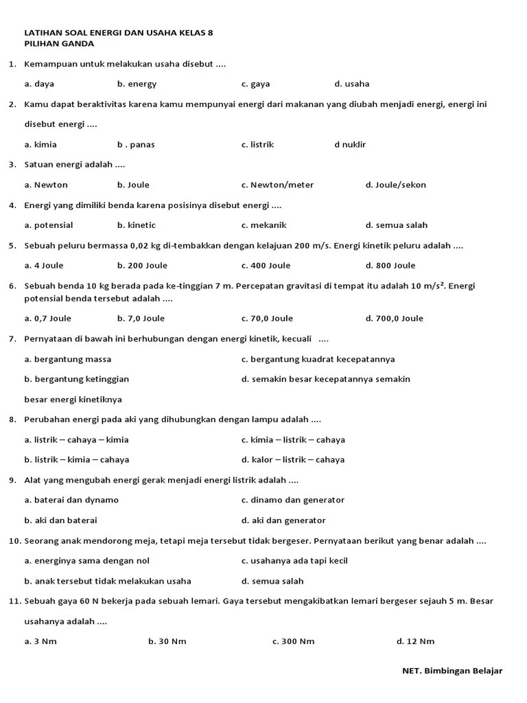 Latihan Soal Energi Dan Usaha Kelas 8 | PDF