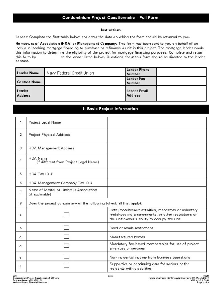 Condo Questionnaire PDF Condominium Freddie Mac