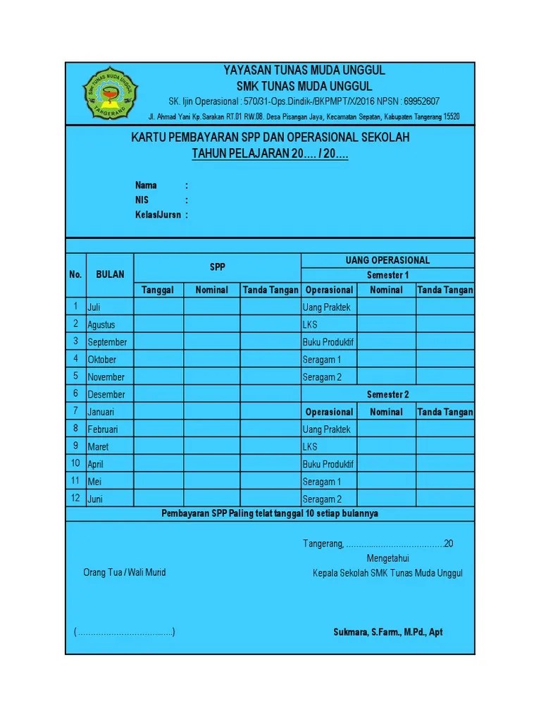 Kartu Pembayaran SPP Sekolah SMK | PDF