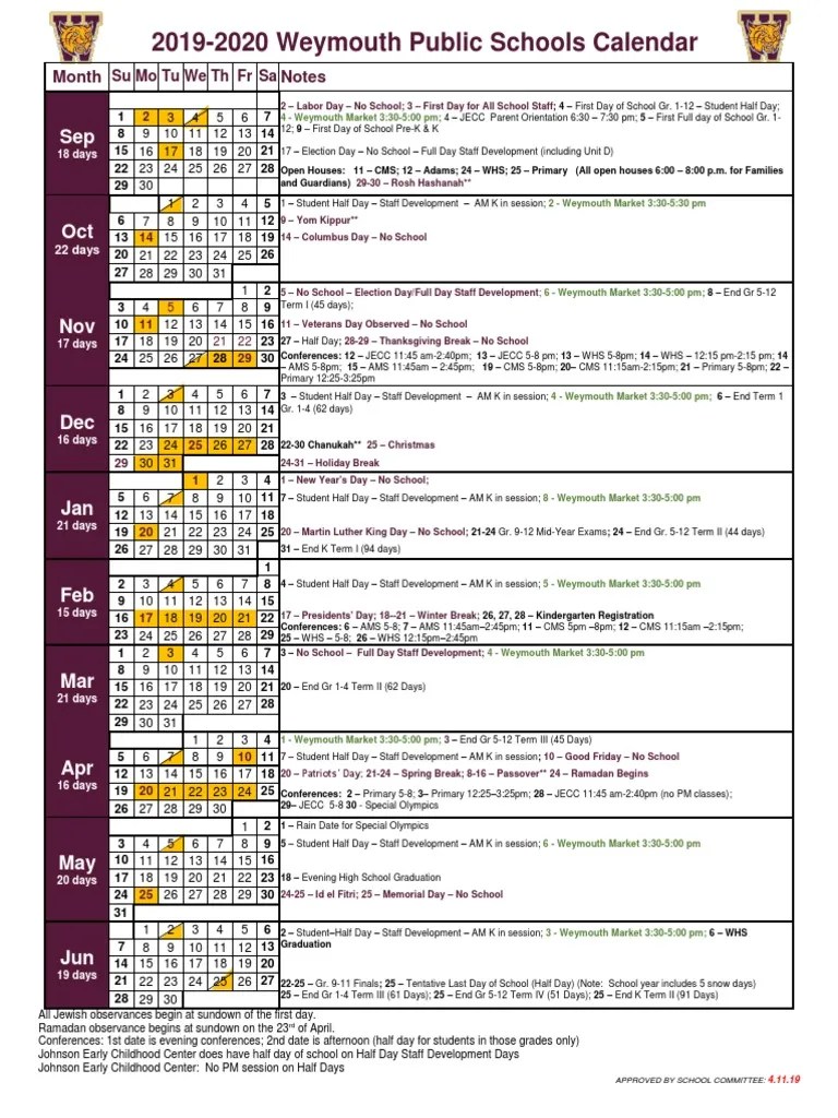 20192020 Weymouth Public Schools Calendar Month Notes PDF Observances Holidays