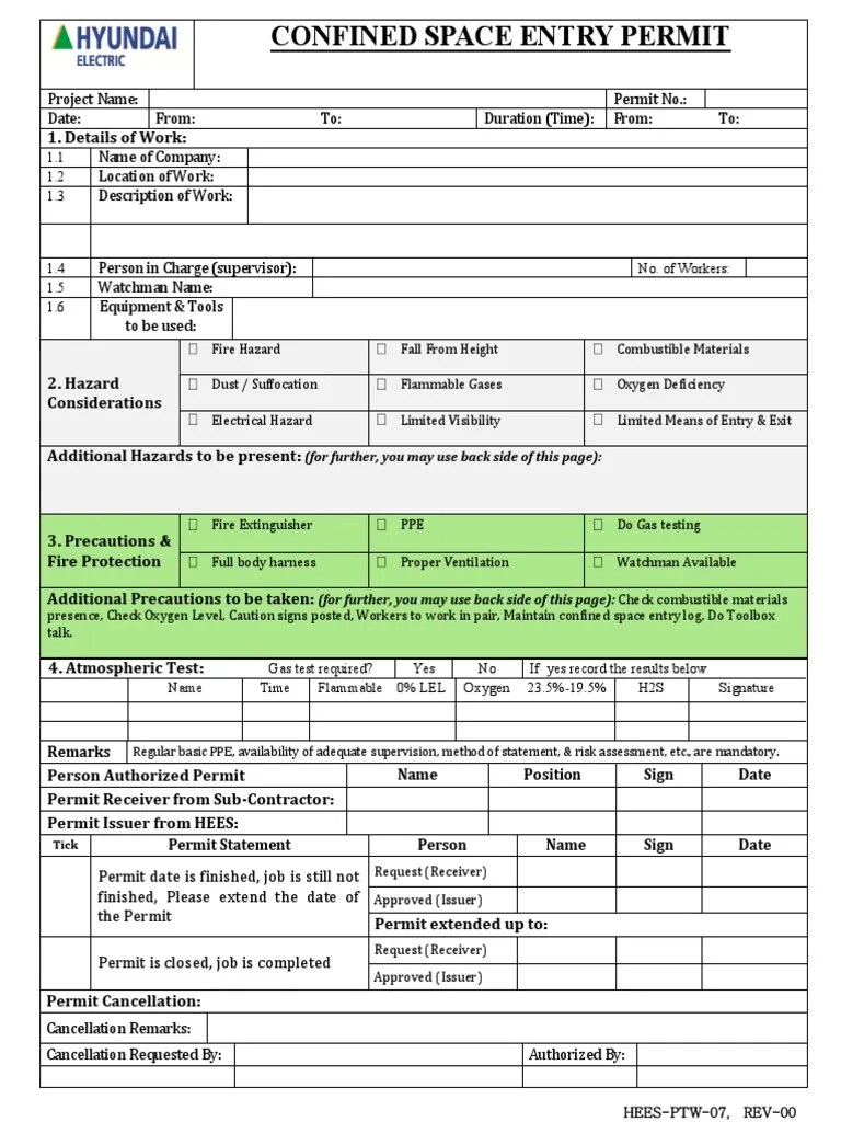 07 Confined Space Entry Permit Prevention Occupational Safety And
