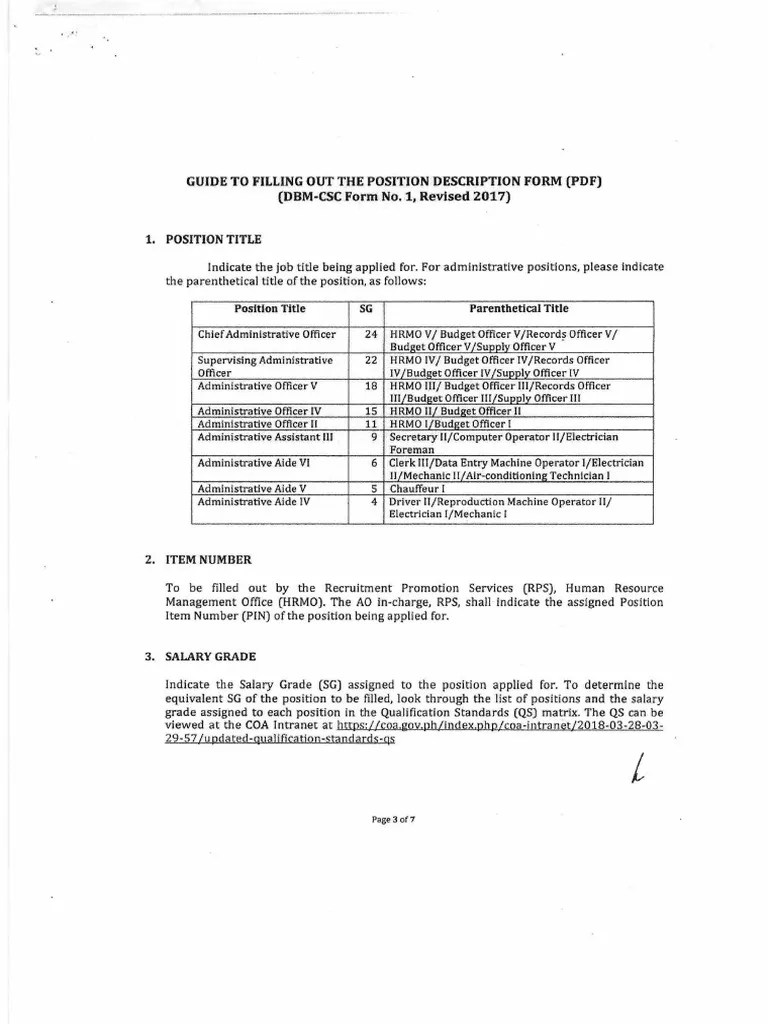 Position Description Form (DBMCSC Form No. 1) GUIDELINES PDF PDF