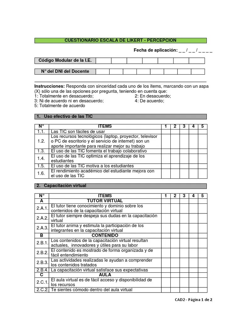 Cuestionario Escala de Likert Percepción (CAD2) PDF Tecnología de