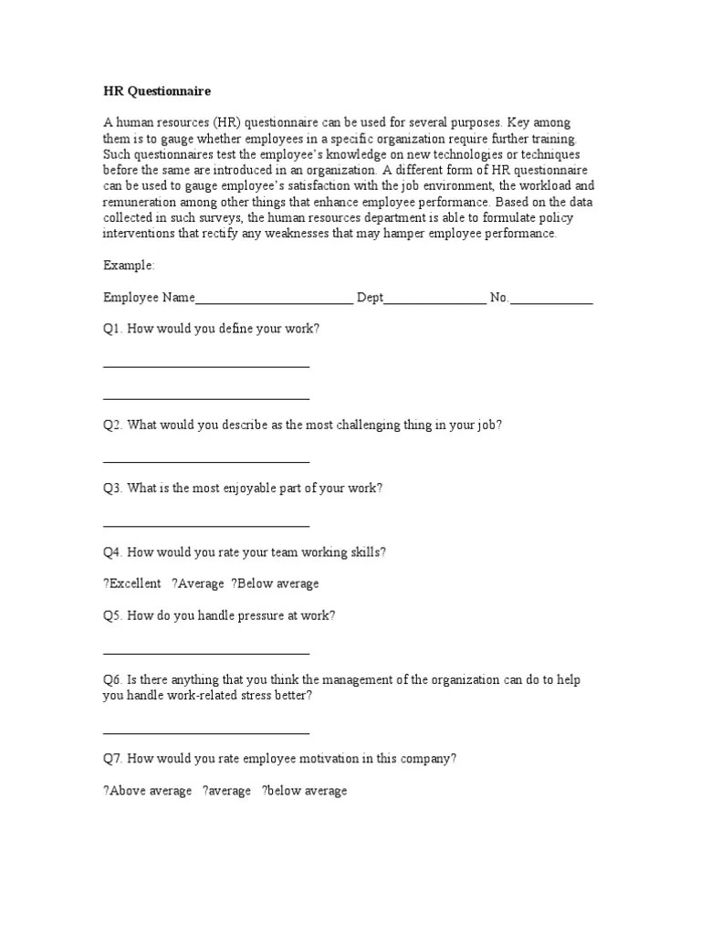 HR Questionnaire Samples Survey Methodology Employment
