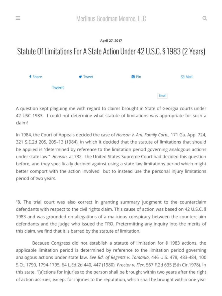 Statute of Limitations for Section 1983 Claims in State Courts