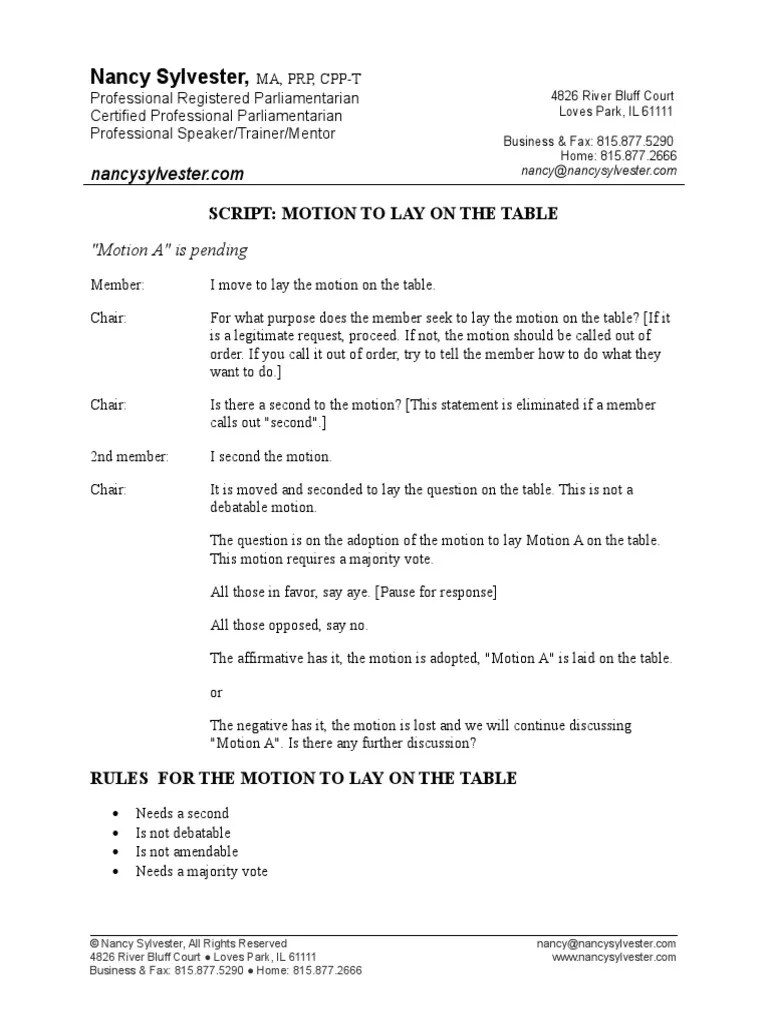 Nancy Sylvester, Script Motion To Lay On The Table PDF