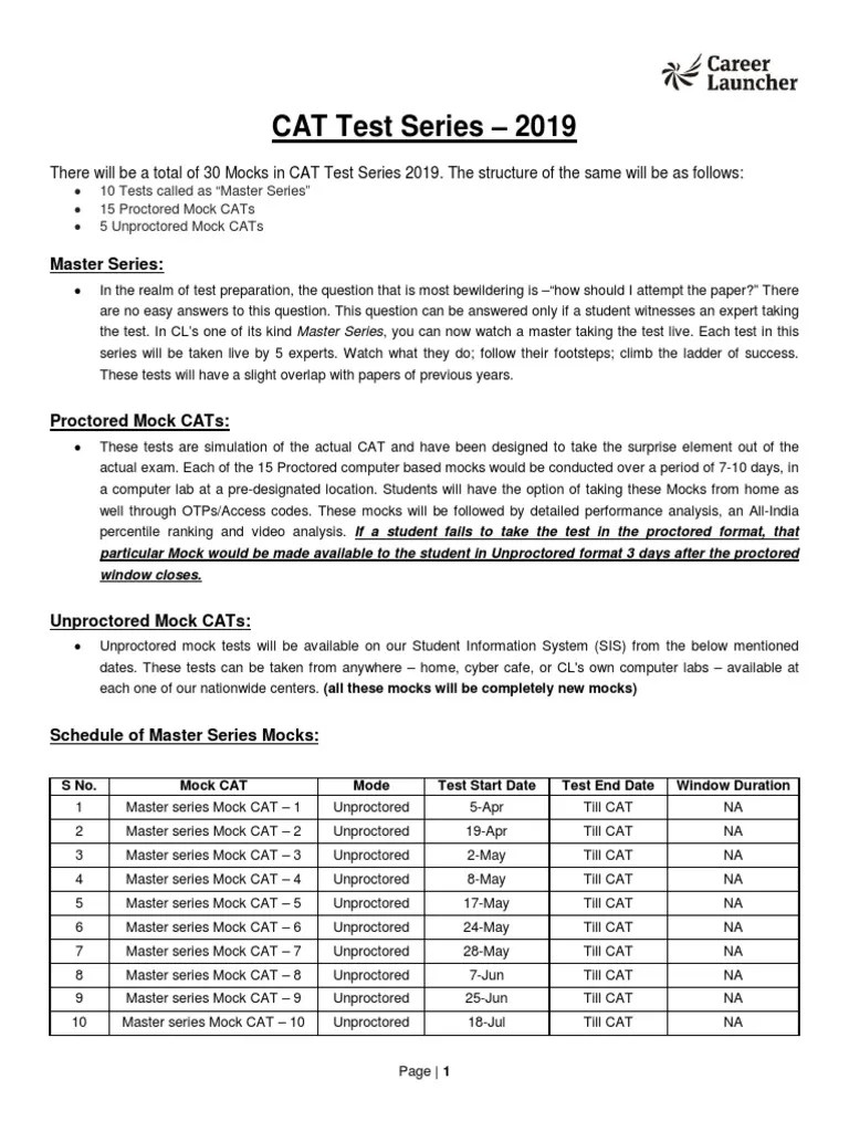 CAT Test Series 2019 Schedule V160819 PDF Test (Assessment
