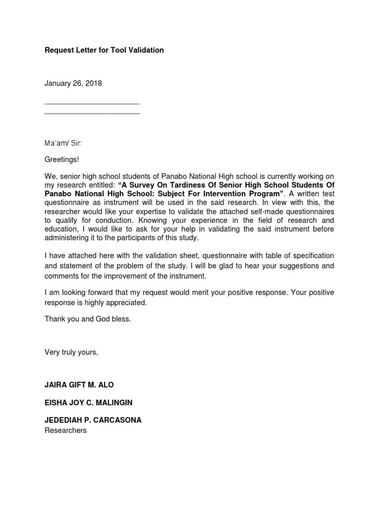 Request Letter for Tool Validation