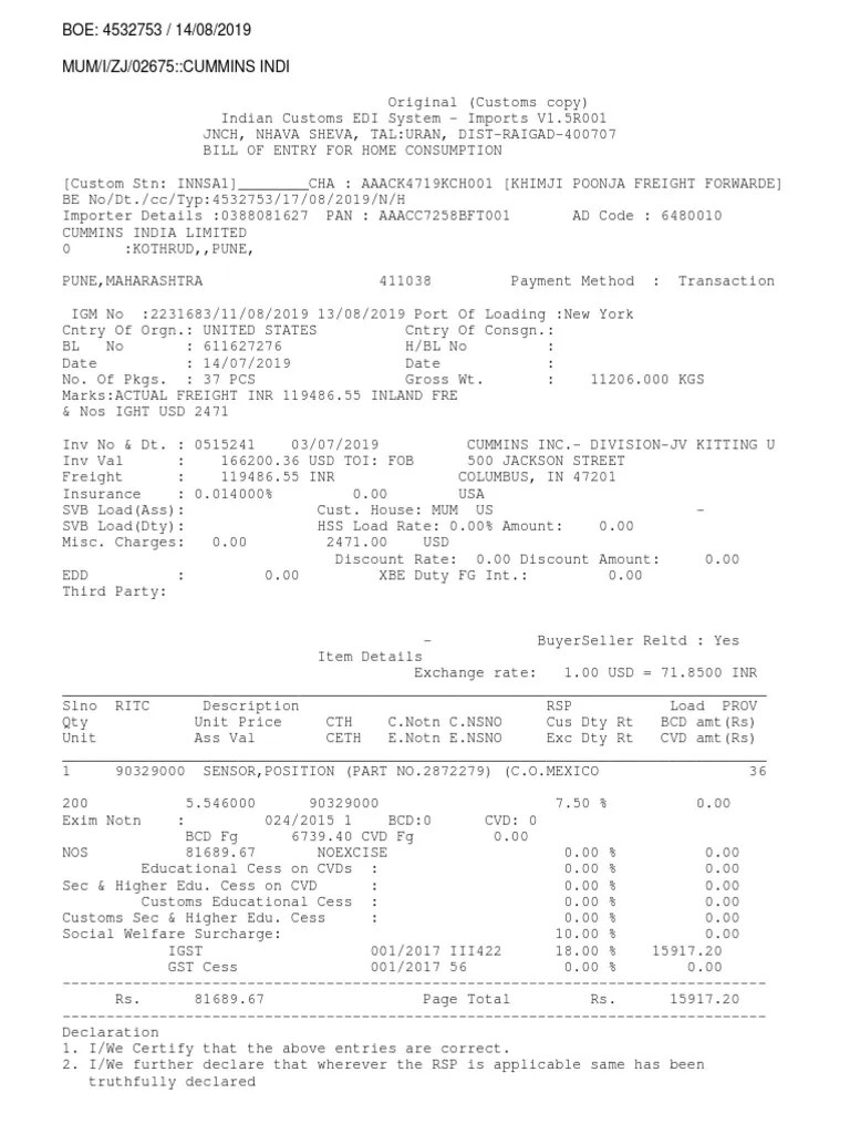 BIll of Entry Format PDF Services (Economics) Business