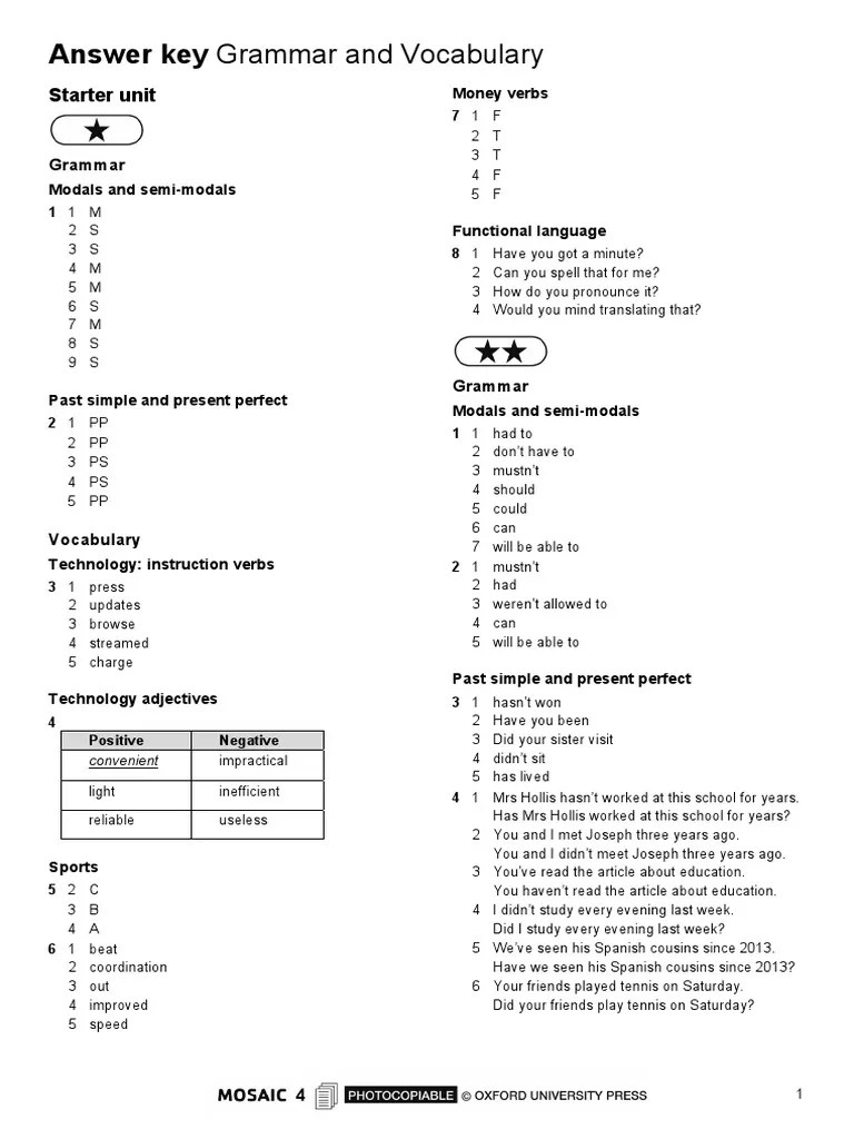 Answer Key Grammar and Vocabulary: Starter Unit | PDF | Grammar
