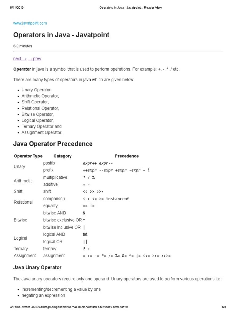 Operators in Java Javatpoint Reader View PDF Theoretical