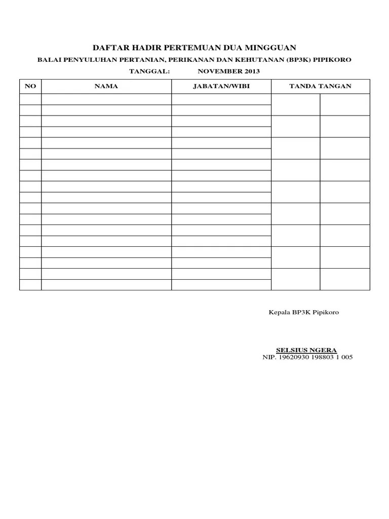 Daftar Hadir Pertemuan Dua Mingguan Penyuluh Pertanian | PDF