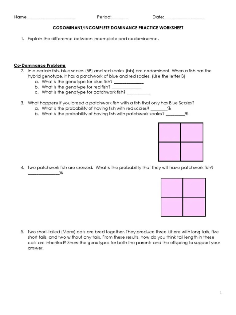 Use the chart to identify the genotypes of the following traits: Punnett Square Incomplete Dominance Worksheet Answer Key Incomplete And Codominance Worksheet Nidecmege In This Video I Review How To Set A Punnett Square For Incomplete Dominance And Codominant Punnett Squares When