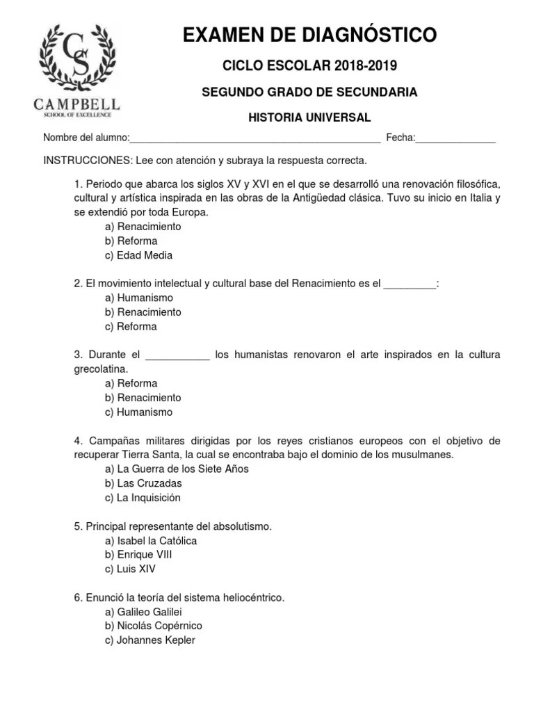 Examen De Diagnóstico CICLO ESCOLAR 20182019