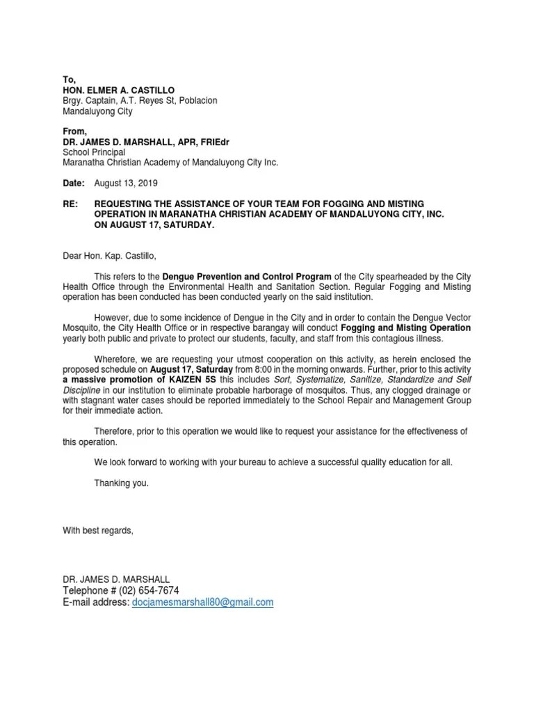 Letter of Request For Fogging and Misting PDF Health Sciences