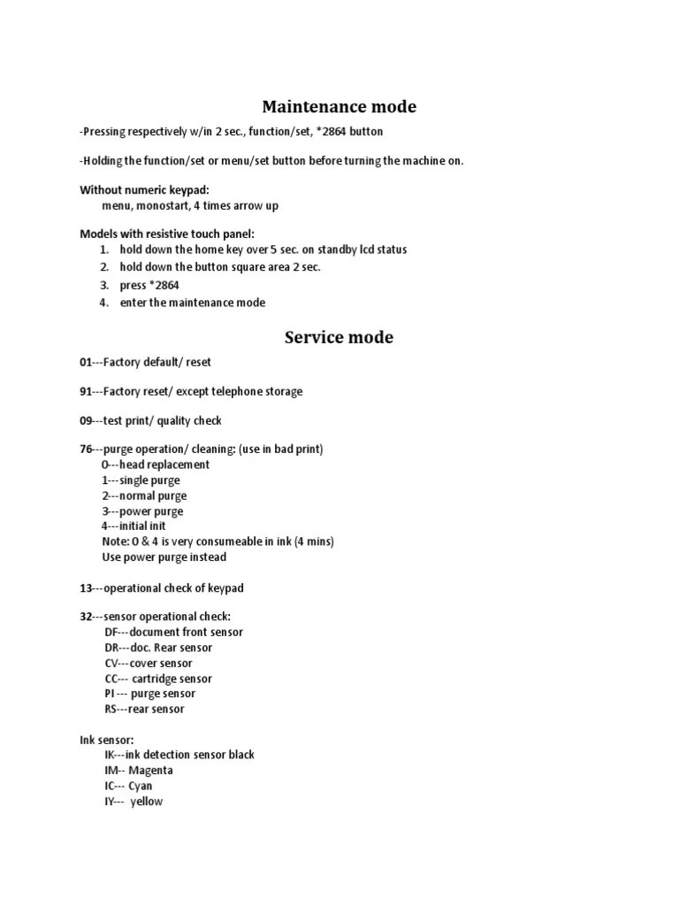 Brother Maintenance Mode List PDF Printer Equipment