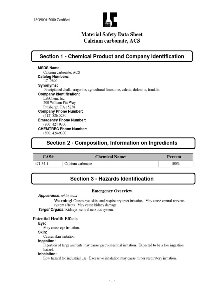 Material Safety Data Sheet Calcium Carbonate, ACS Section 1 Chemical