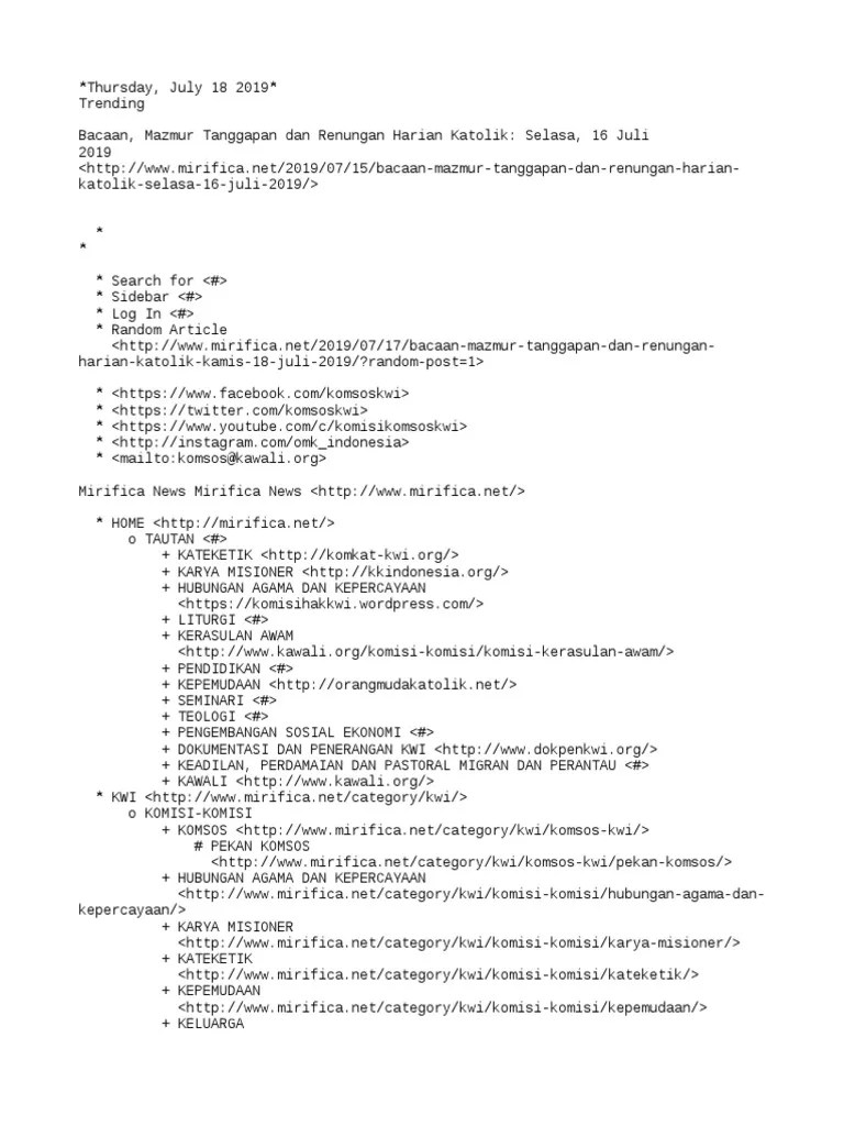 Bacaan, Mazmur Tanggapan Dan Renungan Harian Katolik Kamis, 18 Juli 2019 -  Mirifica News | PDF