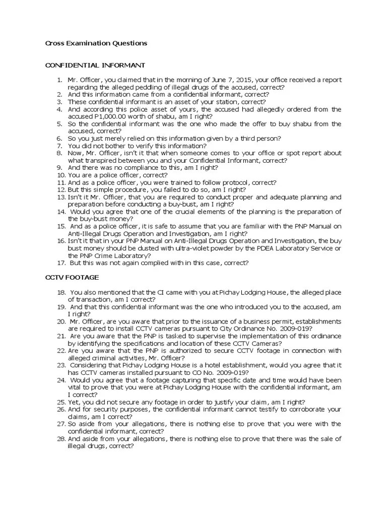 Cross Examination Questions (Agarma) PDF Closed Circuit Television
