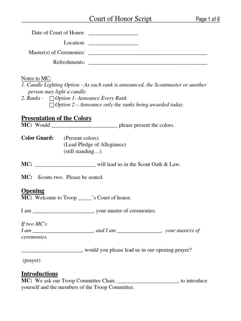 Sample Court of Honor Script PDF Youth Movements Scouting