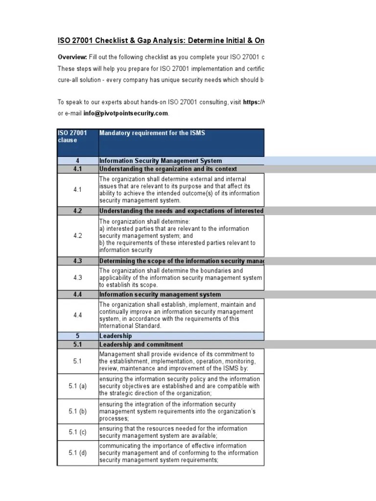 ISO 27001 Checklist & Gap Analysis Determine Initial & OnGoing Status