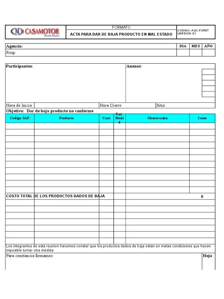 Formato para dar de baja