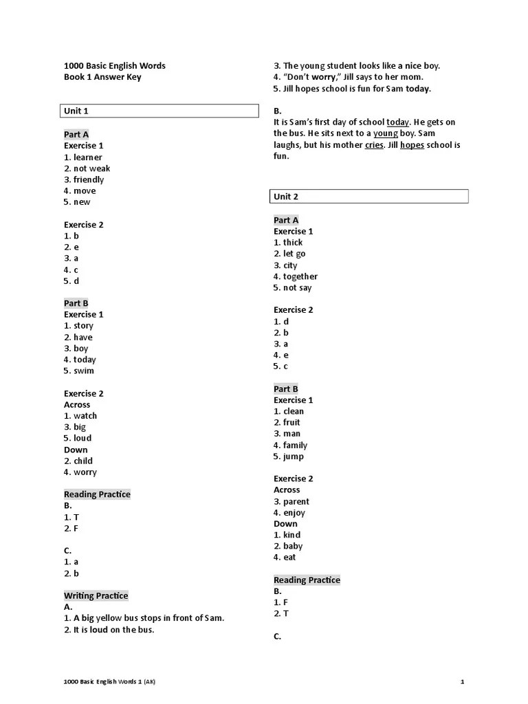 1000 Basic English Words 1 Answer Key Tea