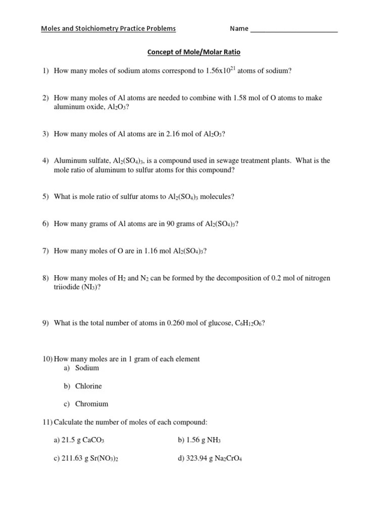 Moles and Stoichiometry Practice Problems | PDF | Mole (Unit