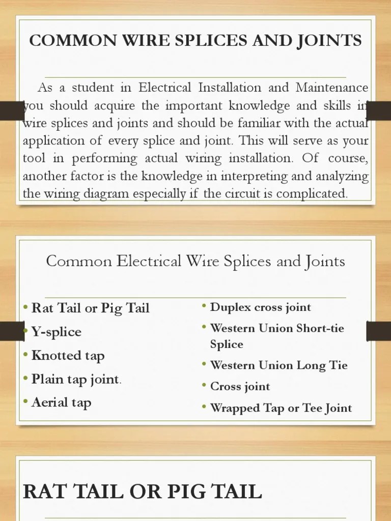 3 COMMON WIRE SPLICES AND JOINTS.pptx | Electrical Wiring | Wire