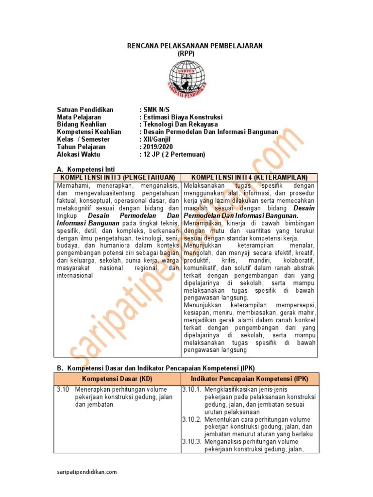 RPP Estimasi Biaya Konstruksi 12 SMK Saripati Pendidikan Indonesia | PDF