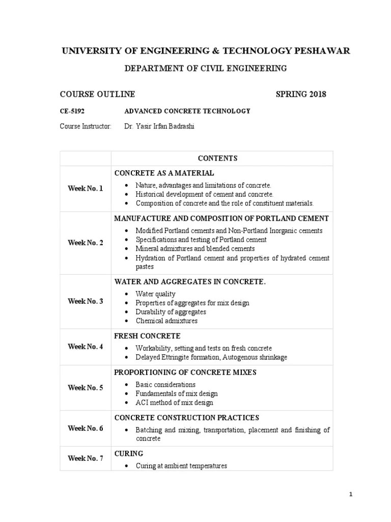Course Outline CE5192 Spring 2018 PDF PDF Concrete Cement