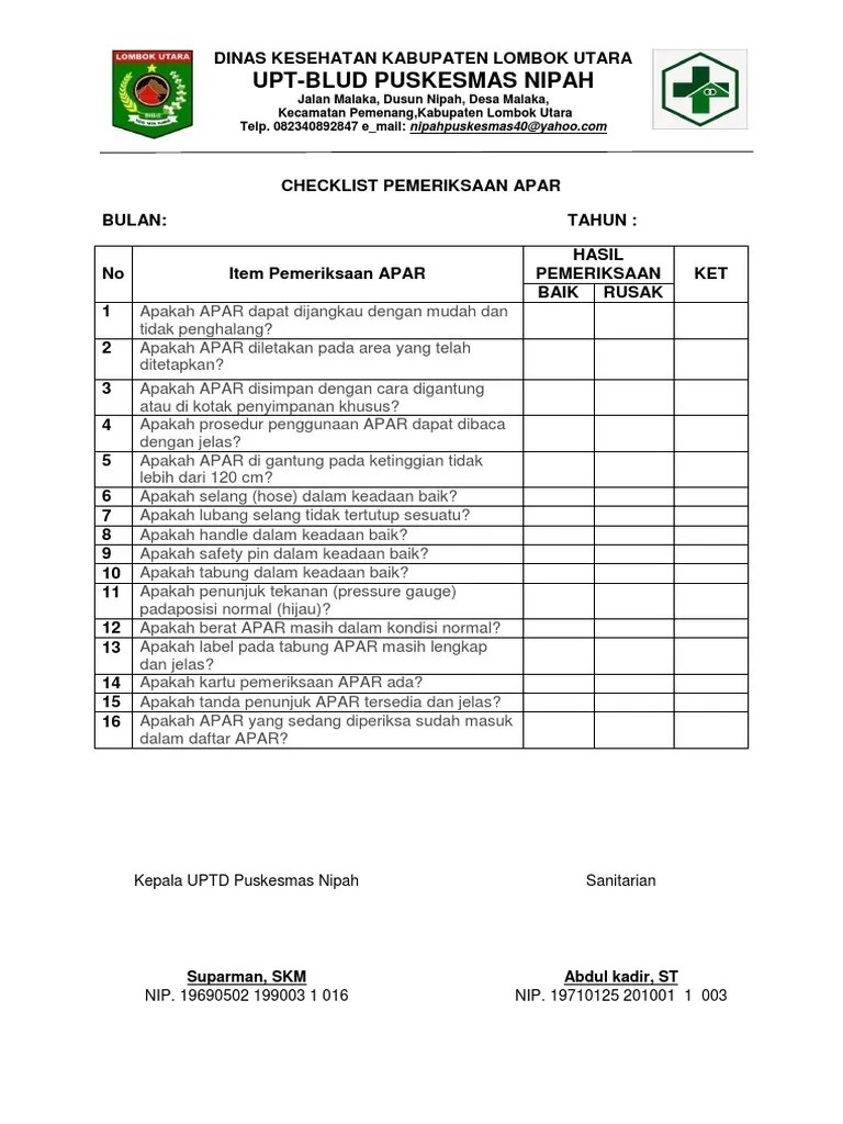 Contoh Form Checklist Apar Tahun Formulir Hasil Pencarian Kampus