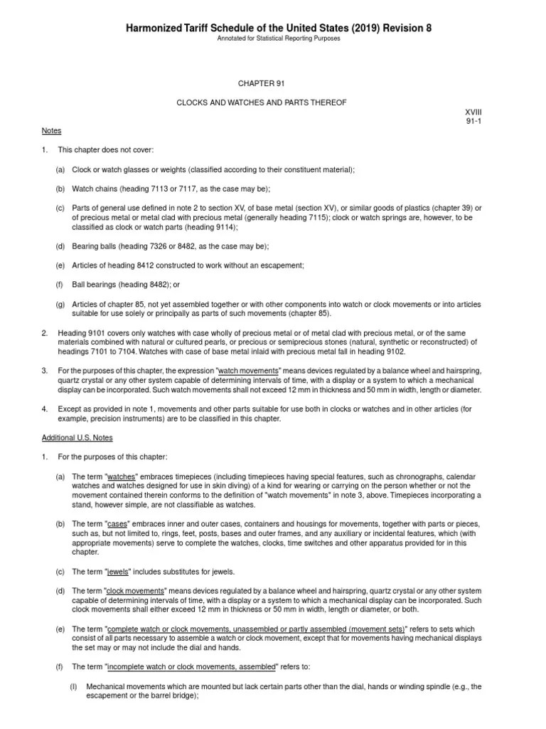 Harmonized Tariff Schedule Chapter 91 Clocks and Watches PDF Watch