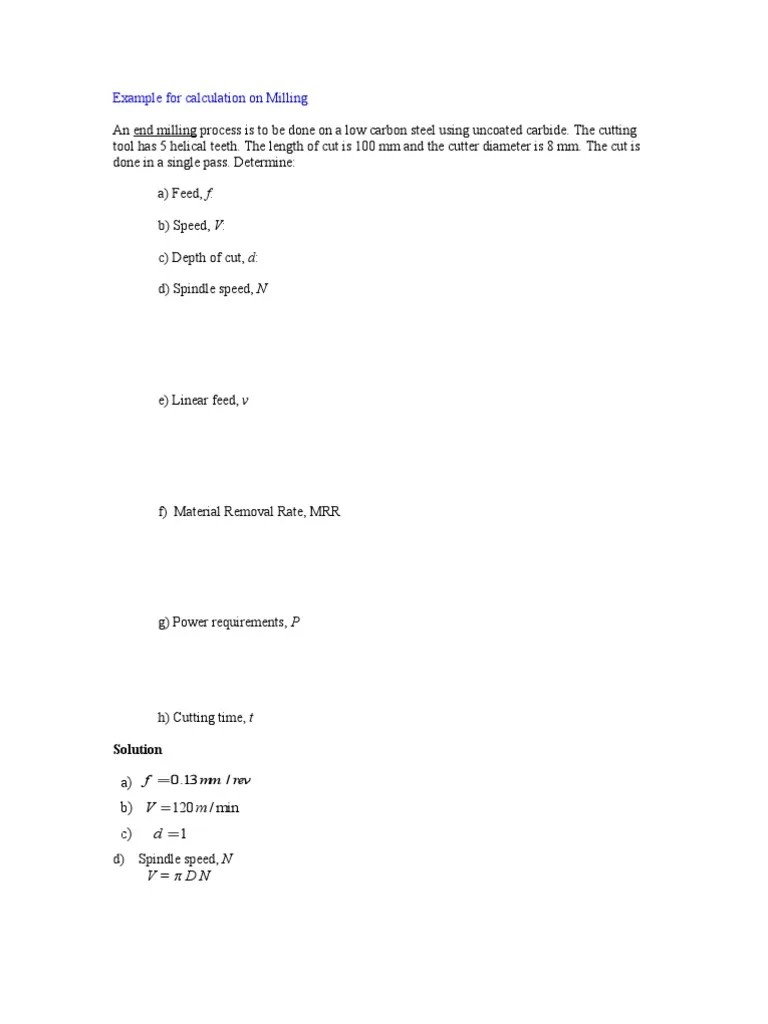 Example For Milling Calculation PDF Torque Metals